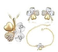 XFSRG Conjunto de Joyería para Mujer Collar de Trébol de Cuatro Hojas con Colgante de Cristal Pendientes y Pulsera Elegante para Bodas y Fiestas (Oro)