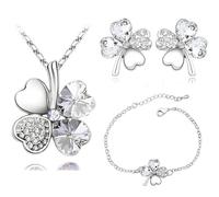 XFSRG Conjunto de Joyería para Mujer Collar de Trébol de Cuatro Hojas con Colgante de Cristal Pendientes y Pulsera Elegante para Bodas y Fiestas (Plata)