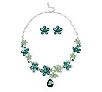 XFSRG Conjunto Joyas de Mujer Collar con Colgante en Forma de Gota y Pendientes con Diseño Floral en Cristal Strass Estilo Elegante Ajustable Ideal para Bodas y Fiestas (Verde)