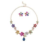XFSRG Conjunto Joyas de Mujer Collar con Colgante en Forma de Gota y Pendientes con Diseño Floral en Cristal Strass Estilo Elegante Ajustable Ideal para Bodas y Fiestas (Multicolor)