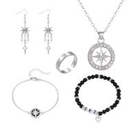 XFSRG Conjunto Joyas Stray para Hombres y Mujeres Collar de Brújula Ajustable Pulsera Pendientes Anillo Set Regalo de Mercancía para Fans de Stray para STAY