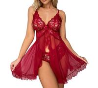 XFSRG Conjunto Lencería Sexy Mujer de Encaje con Aros Push Up Pijama Malla Transparente con Tirantes y con V Escote Picardias(Rojo-L)