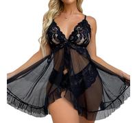 XFSRG Conjunto Lencería Sexy Mujer de Encaje con Aros Push Up Pijama Malla Transparente con Tirantes y con V Escote Picardias(Negro-XL)