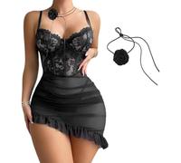 XFSRG Conjunto Pijama para Mujer Corset Encaje Floral con Falda Volante Elegante Ropa de Dormir Camisón Tirantes Body Ajustado Transparente Camisones Vestido Noche