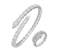 XFSRG Conjuntos de Joyas Elegantes para Mujer Juego de Pulsera y Anillo con Diseño de Serpiente en Oro y Diamantes Ideal para Ocasiones Especiales (Plata)