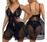 XFSRG Conjuntos de lencería para Mujer Tirantes Escote V Vestido Mini Malla Babydoll Vestido de Dormir Pijama Correas Ajustables con G-String(XL)