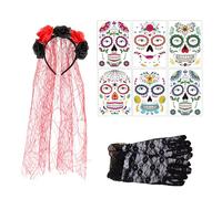 XFSRG Diadema de Halloween Rosas con Velo Diadema de Flores con 6 Pcs Tatuaje cara Temporales Guante de Encaje para Halloween Carnaval Masquerade Cosplay