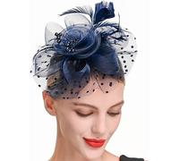 XFSRG Diadema Mujer Flor Tul Elegante Adorno Cabello Plumas Perlas Tocado Nupcial Ceremonia Celebración Evento Formal(Azul)