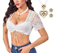 XFSRG Dirndl Bluse Camisa Mujer Elegante De Encaje Blusas Moda Verano Camisa Manga Corta Ropa De Fiesta Mujer para Vacaciones(Blanco,M)