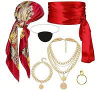 XFSRG Disfraz Pirata Mujer 6 Piezas Accesorios Pirata con Bandana Faja Collar Pulsera Parche Ocular Pendientes para Carnaval Fiestas Disfrazadas Halloween Cosplay