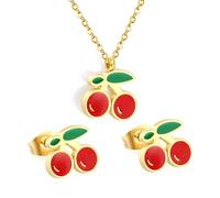 XFSRG Elegante Conjunto de Joyas de Mujer con Diseño de Cereza Collar con Colgante y Pendientes Moda y Estilo para Todas las Ocasiones(Oro)