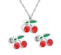 XFSRG Elegante Conjunto de Joyas de Mujer con Diseño de Cereza Collar con Colgante y Pendientes Moda y Estilo para Todas las Ocasiones(Plata)