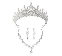 XFSRG Elegante Set de Joyería de Novia de 3 Piezas con Corona Brillante Collar en V y Pendientes de Gota Joyería de Lujo para Bodas y Ocasiones Especiales
