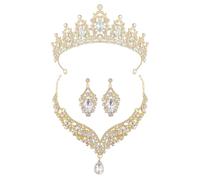 XFSRG Elegante Set de Joyería de Novia de 3 Piezas con Corona Brillante Collar en V y Pendientes de Gota Joyería de Lujo para Bodas y Ocasiones Especiales (Oro)