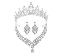 XFSRG Elegante Set de Joyería de Novia de 3 Piezas con Corona Brillante Collar en V y Pendientes de Gota Joyería de Lujo para Bodas y Ocasiones Especiales (Plata)