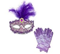 XFSRG Encaje Mascara Veneciana Hombre Mujer Plumas Adorno de Diamantes Mascara Disfraz Incluye Guantes Mascaras Carnaval Exquisito y Elegante para Fiestas Bailes Celebraciones Festivas (Púrpura)