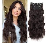 XFSRG Extensión de Cabello con Clip 4 Piezas 60 cm Longitud con Cabello Sintético Ondulado y Clips Prácticos para Volumen Instantáneo y Look Natural (Marrón Oscuro)