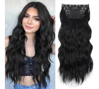 XFSRG Extensión de Cabello con Clip 4 Piezas 60 cm Longitud con Cabello Sintético Ondulado y Clips Prácticos para Volumen Instantáneo y Look Natural (Negro)