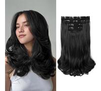 XFSRG Extensiones Clip Pelo Natural 4 Piezas 35cm Largo Ondulado Clip en Extensión de Pelo Rizado Natural Sintética Invisibile para Mujer Postizos Fiesta Diaria (Negro)