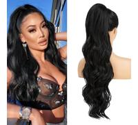 XFSRG Extensiones Pelo Natural 65 cm Largo Ondulado Cola de Caballo Extensión Sintético Resistente al Calor para Mujeres y Niñas(#1B)