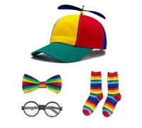 XFSRG Gorra con Hélice Multicolor para Adultos y Niños, Set de Accesorios Divertidos con Calcetines Arcoíris, Pajarita y Gafas Redondas, Perfecto para Cumpleaños y Fiestas Familiares