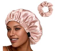 XFSRG Gorros De Satén para Dormir Gorro Saten Pelo Rizado Ajustable Silk Bonnet Doble Elástica con Scrunchies para Mujeres y Niñas (Rosa)