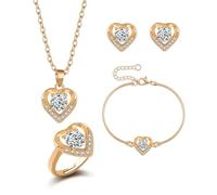 XFSRG Joyas de Mujer Conjunto de Joyería Corazón Chapado en Oro con Cristales Brillantes Collar Pulsera Anillo y Pendientes para Mujeres Elegantes