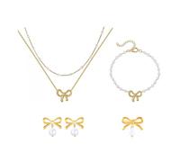 XFSRG Joyas de Mujer Elegantes con Lazo y Perlas Conjunto de Collar y Pendientes para Mujer Bisutería de Moda para Ocasiones Especiales