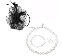 XFSRG Joyas de Mujer Elegantes Conjunto de Perlas Collar Pulsera Pendientes y Tocado Negro para Eventos Especiales y Fiestas