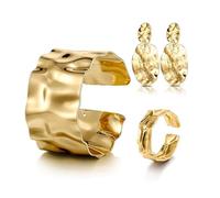 XFSRG Joyas Mujer 3 Piezas Brazalete Anillo y Pendientes Ovalados Textura Metálica Irregular 18K Chapado para Uso Diario y Eventos (Dorado)
