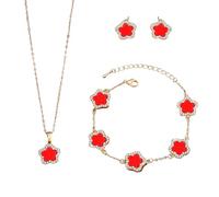 XFSRG Joyería Mujer Conjunto Flor Elegante Collar Pulsera Pendientes Moda Accesorios para Fiesta y Uso Diario (Rojo)