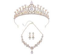 XFSRG Juego de Joyas de Mujer con Corona y Collar de Perlas y Cristales para Bodas y Eventos Especiales (Oro)