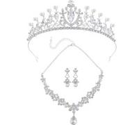 XFSRG Juego de Joyas de Mujer con Corona y Collar de Perlas y Cristales para Bodas y Eventos Especiales (Plata)