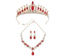 XFSRG Juego de Joyas de Mujer con Corona y Collar de Perlas y Cristales para Bodas y Eventos Especiales (Rojo)
