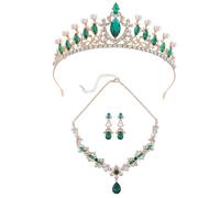 XFSRG Juego de Joyas de Mujer con Corona y Collar de Perlas y Cristales para Bodas y Eventos Especiales (Verde)