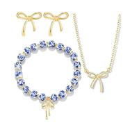 XFSRG Juego de Joyas Elegante con Lazo de Mariposa 3 Piezas Collar Pulsera Elastica y Aretes para un Look Delicado de Día o Fiesta (Azul)