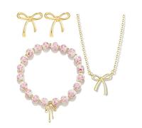 XFSRG Juego de Joyas Elegante con Lazo de Mariposa 3 Piezas Collar Pulsera Elastica y Aretes para un Look Delicado de Día o Fiesta (Rosa)