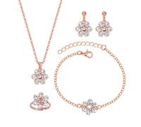 XFSRG Juego De Joyas Florales Brillantes Plata Conjunto Collar Y Pendientes Moda Mujer Elegante (Oro rosa, 4 piezas)