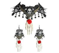 XFSRG Juego de Joyas Góticas Conjunto Collar y Pendientes Calavera Encaje Negro Bisutería Mujer Joyería Vintage Halloween Accesorios