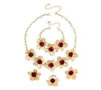 XFSRG Juego de Joyas para Boda para Mujer 4 Piezas Flores Doradas con Detalles en Rosa Roja Collar Pendientes Anillo y Pulsera Coordinados Estilo Vintage Elegante Ocasiones Celebraciones
