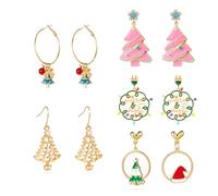 XFSRG Juego de Pendientes de Navidad para Mujer 5 Pares de Pendientes Colgantes con Árbol de Navidad Campana Corona y Colgantes Joyería Festiva para Fiestas