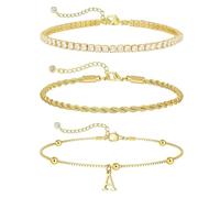XFSRG Letra Pulseras Mujer 3 Piezas Brazalete Cadena Trenzada con Colgante de Letra Pulsera Ajustable con Brillante Circonita Cúbica Joyeria Accesorios para Mujer Niña (Oro A)
