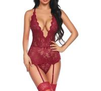 XFSRG Lingerie Sexy Mujer Eróticos Body Encaje Floral Profundo Escote V Lenceria Hot Conjunto Transparente Picardias Ropa Interior Sensual Babydoll Elegante