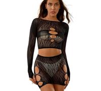 XFSRG Lingerie Sexy Mujer Eróticos Conjunto de Malla Transparente Crop Top y Falda Diseño Calado Ropa Interior Divertida Lenceria Hot Picardias Elegante Atractivo
