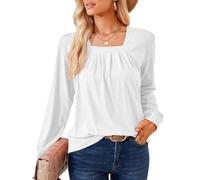 XFSRG Manga Larga Camiseta Mujer con Cuello Cuadrado Suelta T Shirt de Color Sólido Básico Casual Verano Shirts(Blanco/L)
