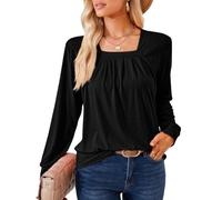 XFSRG Manga Larga Camiseta Mujer con Cuello Cuadrado Suelta T Shirt de Color Sólido Básico Casual Verano Shirts(Negro/L)