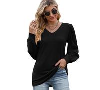 XFSRG Manga Larga Camiseta Mujer Cuello en V Elegantes Blusas Color Sólido Casual Largas Sueltas Camisetas(Negro/M)