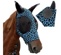 XFSRG Máscara para Caballo Elasticidad Máscara Moscas Caballo de Lycra Elástico Malla Cómoda Transpirable Protección UV Antimosquitos Insectos Leopardo Imprimir (Azul)