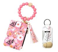 XFSRG Monedero Llavero con Estampado Floral para Mujer Pequeño Porta Tarjetas con Pulsera Borla y Porta Pintalabios para Tarjetas Efectivo y Llaves (Rosa)