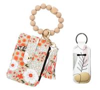 XFSRG Monedero Llavero con Estampado Floral para Mujer Pequeño Porta Tarjetas con Pulsera Borla y Porta Pintalabios para Tarjetas Efectivo y Llaves (Caqui)